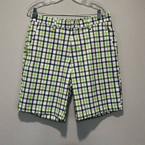 Chaps Golf 78 Mens Shorts 32 Checkered Preppy Blue Green Plaid Flat Front - Picture 1 of 16